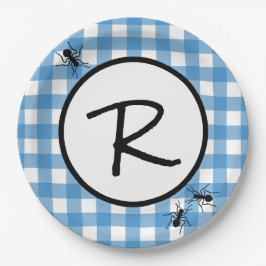 Plato De Papel Clásico Azul Blanco Gingham Hormigas Barbacoa Fies