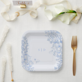 Plato De Papel Clásico azul francés blanco floral sobre para boda