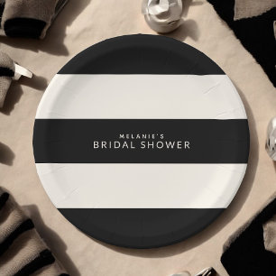 Plato De Papel Clásico Black and Ecru Stripes Bridal Shower