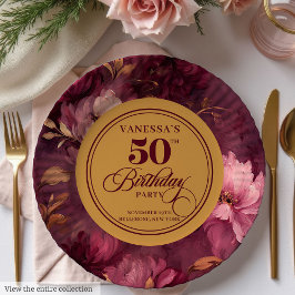 Plato De Papel Clásico Boho Borgoña Rubor Gold 50 cumpleaños