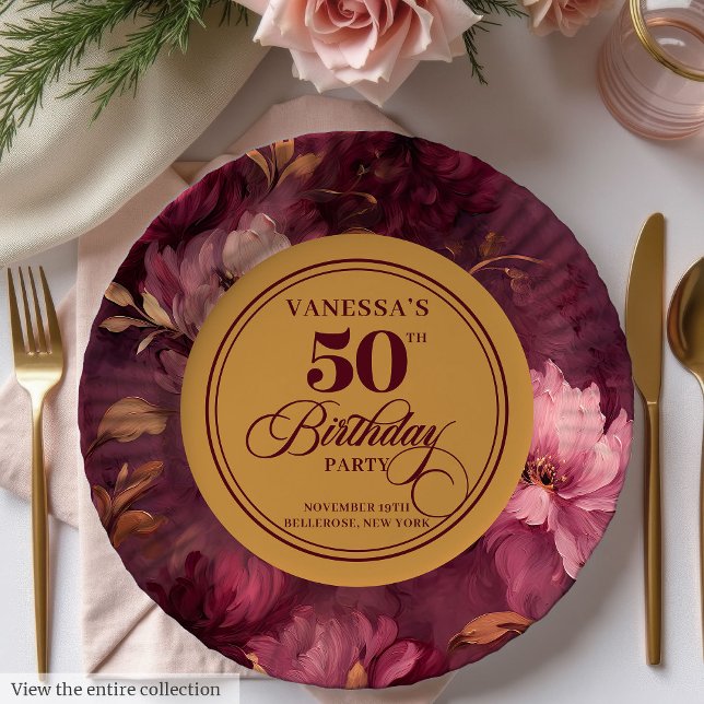 Plato De Papel Clásico Boho Borgoña Rubor Gold 50 cumpleaños (Classic Boho Burgundy Blush Gold 50th Birthday Paper Plates)