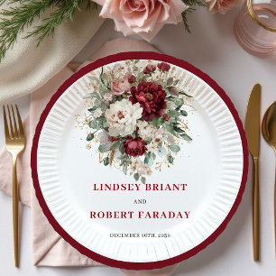 Plato De Papel Clásico Burgundy Floral Verdura Boda Dorada