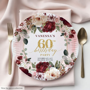 Plato De Papel Clásico Burgundy Oro Floral Boho 60 Cumpleaños