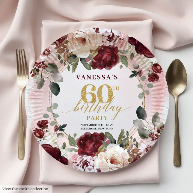 Plato De Papel Clásico Burgundy Oro Floral Boho 60 Cumpleaños (Classic Burgundy Gold Floral Boho 60th Birthday Plates)