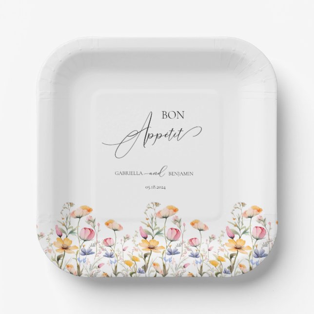 Plato De Papel Clásico de Bodas de Flores Silvestres de Pradera e (Anverso)