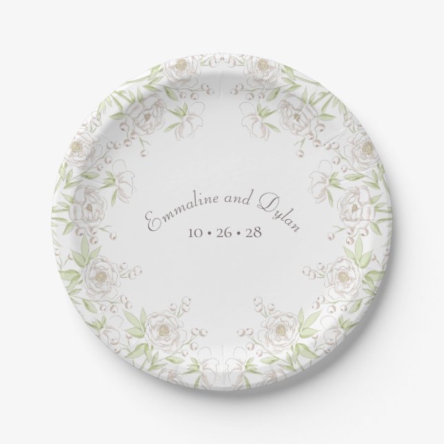 Plato De Papel Clásico de Bodas de Rosa Blanca (Anverso)