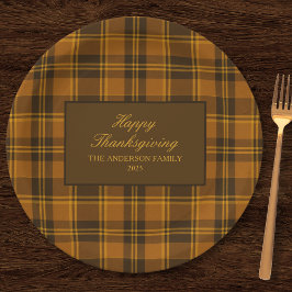 Plato De Papel Clásico Elegante de Plaid de Acción de Gracias Vin