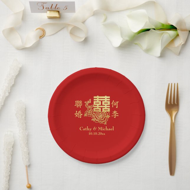 Plato De Papel Clásico elegante logo boda chino rojo floral (Boda)