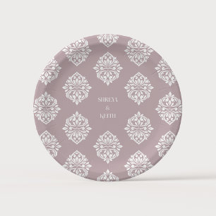 Plato De Papel Clásico Elegante Vintage Damask Rosa Pálido Boda