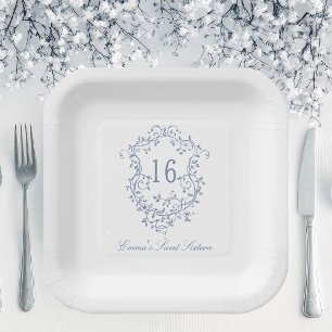 Plato De Papel Clásico Escudo floral azul francés dulce 16 cumple