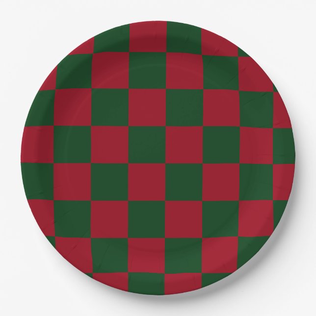 Plato De Papel Clásico estampado de tablero de ajedrez de Navidad (Anverso)