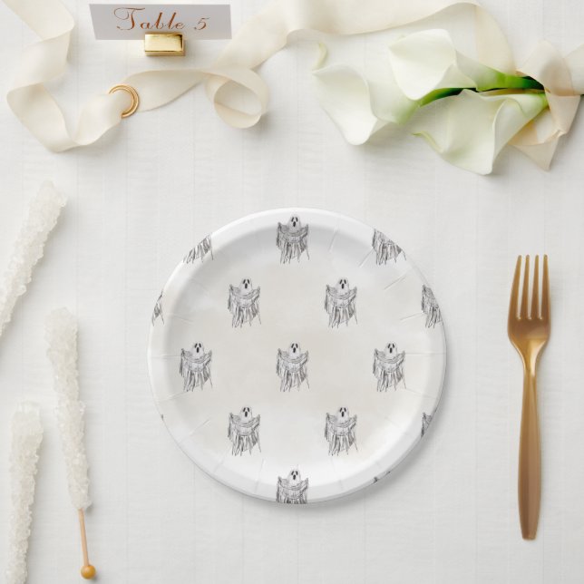 Plato De Papel Clásico Fantasma de Hoja de Halloween en Bosques E (Boda)