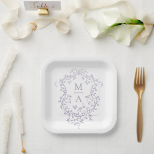 Plato De Papel Clásico floral de lavanda Cresta Monograma Boda