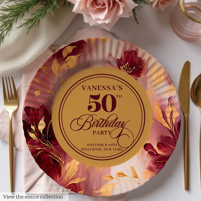 Plato De Papel Clásico Flores Rosadas de Borgoña Dorado Cumpleaño (Classic Burgundy Blush Gold Flowers 50th Birthday Paper Plates )