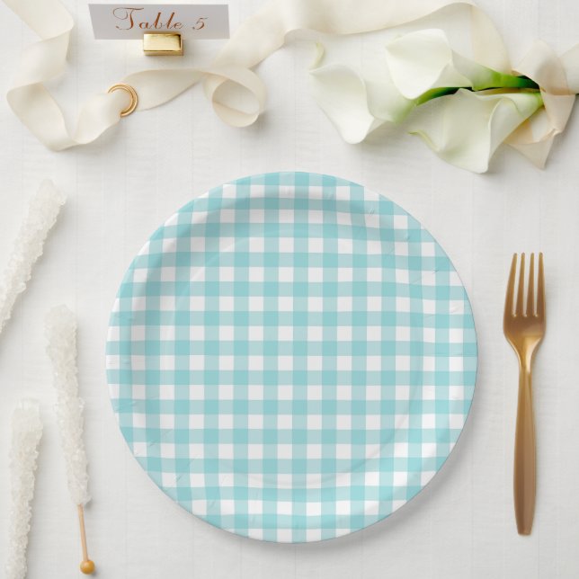 Plato De Papel Clásico Gingham Check Plage Pattern Light Blue (Boda)