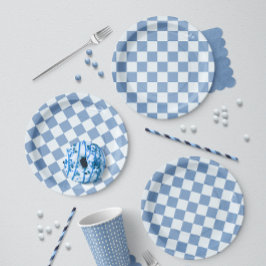 Plato De Papel Clásico Gingham de Azul Marino y Blanco para Picni