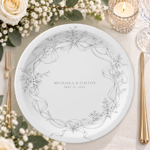 Plato De Papel Clásico Gris Negro Floral Corona Boda Vintage