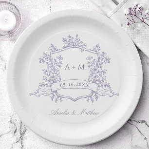 Plato De Papel Clásico Lila Floral Cresta Monograma Boda