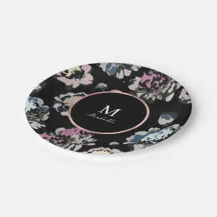 Plato De Papel Clásico moderno monograma floral abstracto negro