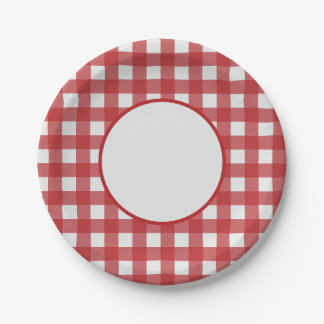 Plato De Papel Clásico moderno patrón de gingham rojo y gris clar