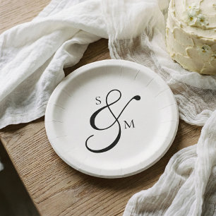 Plato De Papel Clásico Monograma Ampersand Boda Blanco