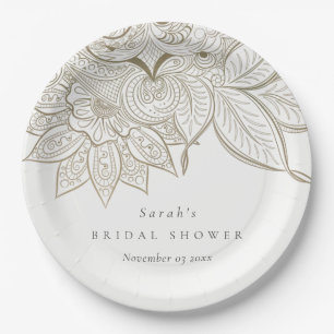 Plato De Papel Clásico Ornate Paisley Ivory Gold Bridal Shower