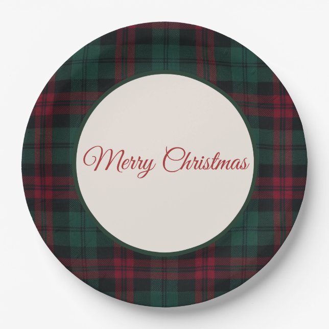 Plato De Papel Clásico Plaid Navidad Feliz Navidad (Anverso)