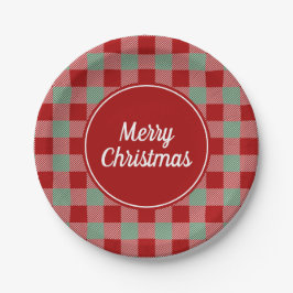 Plato De Papel Clásico Plaid Rojo Y Verde Feliz Navidad