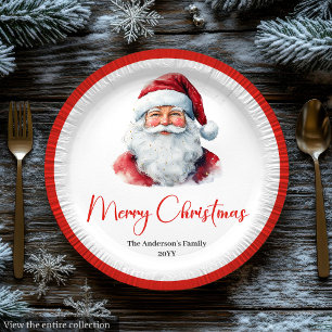 Plato De Papel Clásico Santa Claus Acuarela Fiesta Moderna Navide
