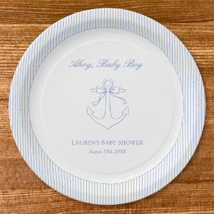 Plato De Papel Clásico Simple Ahoy Baby Boy Elegante Regalo