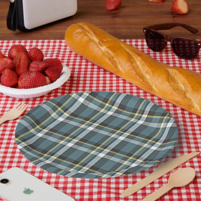 Plato De Papel Clásico Verde azulado Gris Azul Amarillo Tartán Ti (Picnic)