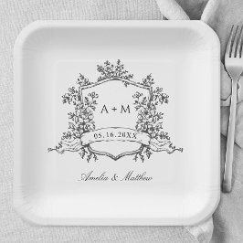 Plato De Papel Classic Black & White Floral Crest Wedding