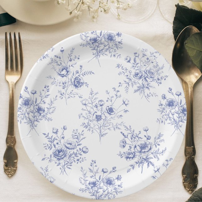 Plato De Papel Classic Blue Flowers Pattern French blue toile (In situ)