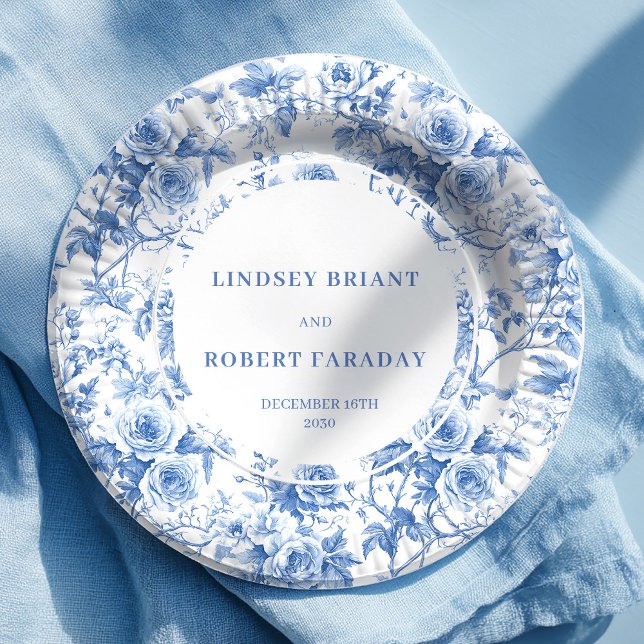 Plato De Papel Classic blue toile roses wedding reception table (Classic blue toile roses wedding reception paper plates

)