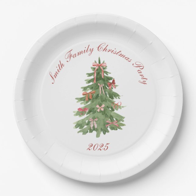 Plato De Papel Classic Bow Tree Family Christmas Party Holiday (Anverso)