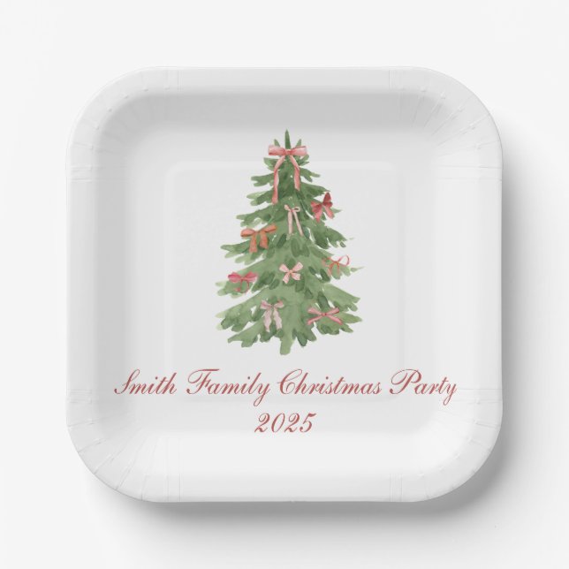 Plato De Papel Classic Bow Tree Family Christmas Party Holiday (Anverso)