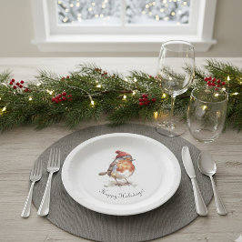 Plato De Papel Classic Christmas Robin, custom 