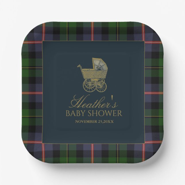 Plato De Papel Classic Dark Green Blue Plaid Baby Shower (Anverso)
