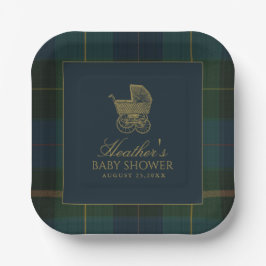Plato De Papel Classic Dark Green & Blue Plaid Baby Shower