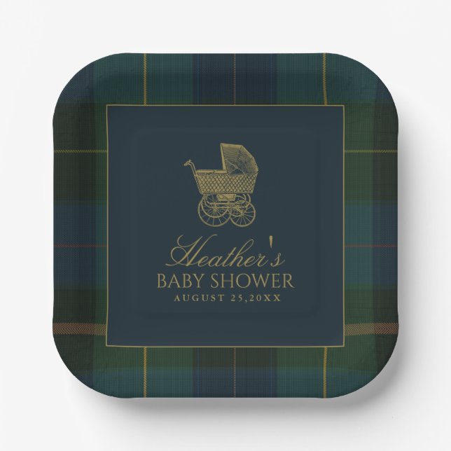 Plato De Papel Classic Dark Green & Blue Plaid Baby Shower (Anverso)