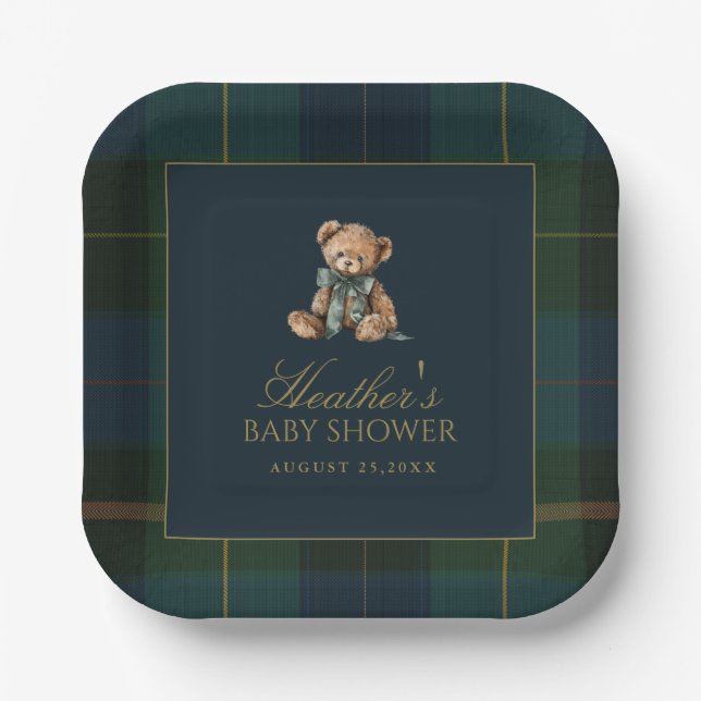 Plato De Papel Classic Dark Green & Blue Plaid Baby Shower (Anverso)