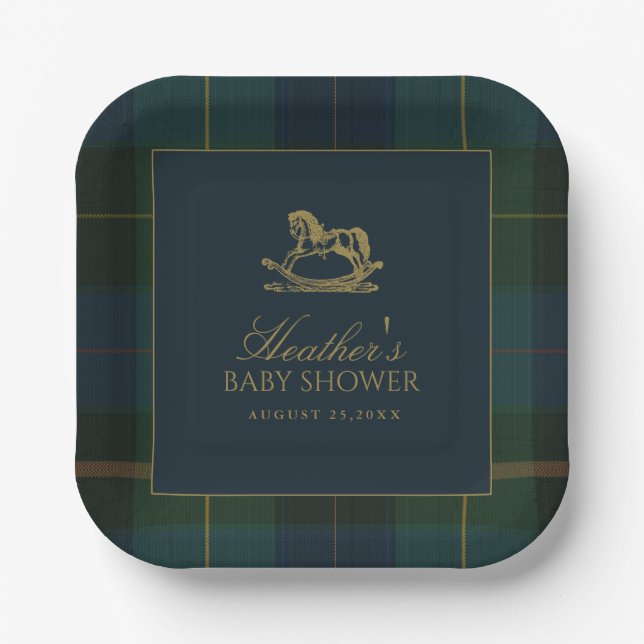 Plato De Papel Classic Dark Green & Blue Plaid Baby Shower (Anverso)