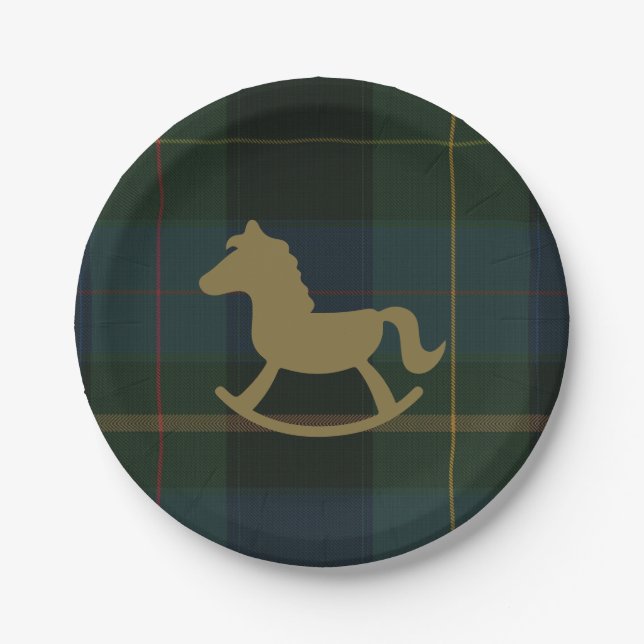 Plato De Papel Classic Dark Green Plaid Equestrian Baby Shower (Anverso)