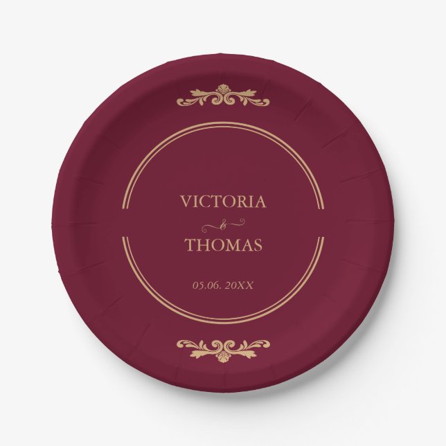 Plato De Papel Classic Elegant Burgundy & Gold Wedding  (Anverso)