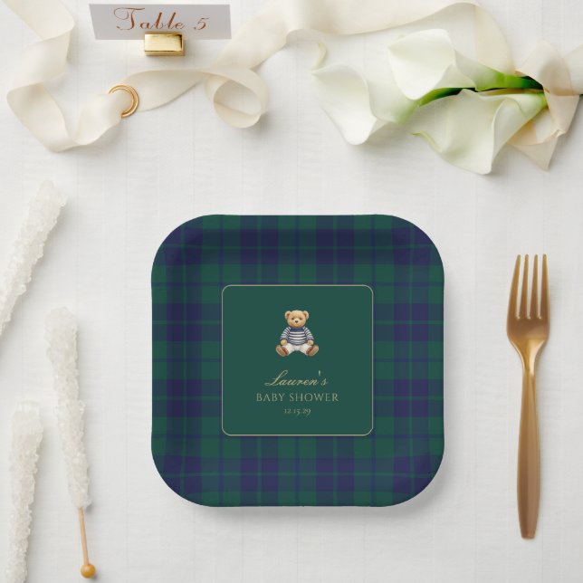 Plato De Papel Classic Green Navy Plaid Bear Baby Shower  (Boda)