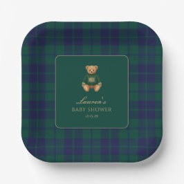Plato De Papel Classic Green Navy Plaid Bear Baby Shower