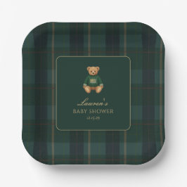 Plato De Papel Classic Green Plaid Bear Baby Shower 