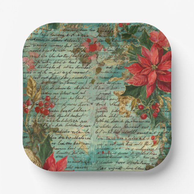 Plato De Papel Classic Handwritten Poinsettia Christmas Holiday (Anverso)