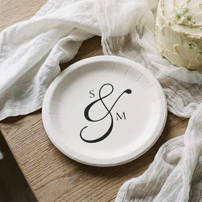Plato De Papel Classic Monogram Ampersand Wedding White (Subido por el creador)