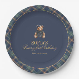 Plato De Papel Classic Navy Plaid Teddy Bear Girl Birthday 